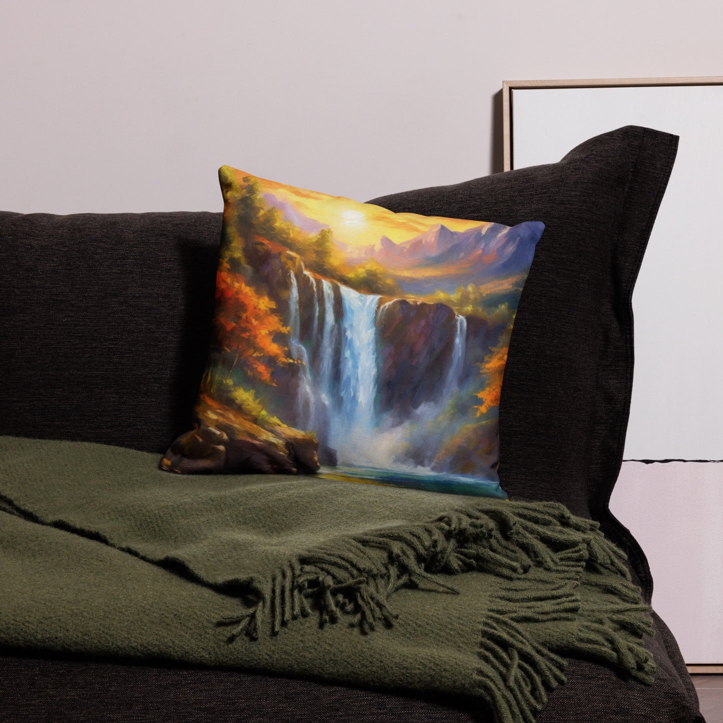 Premium Pillow with Scenic Mountain Range Oil Painting – Autumn Sunset, Waterfall, Colorful Home & Country Décor - A Perfect Gift Idea