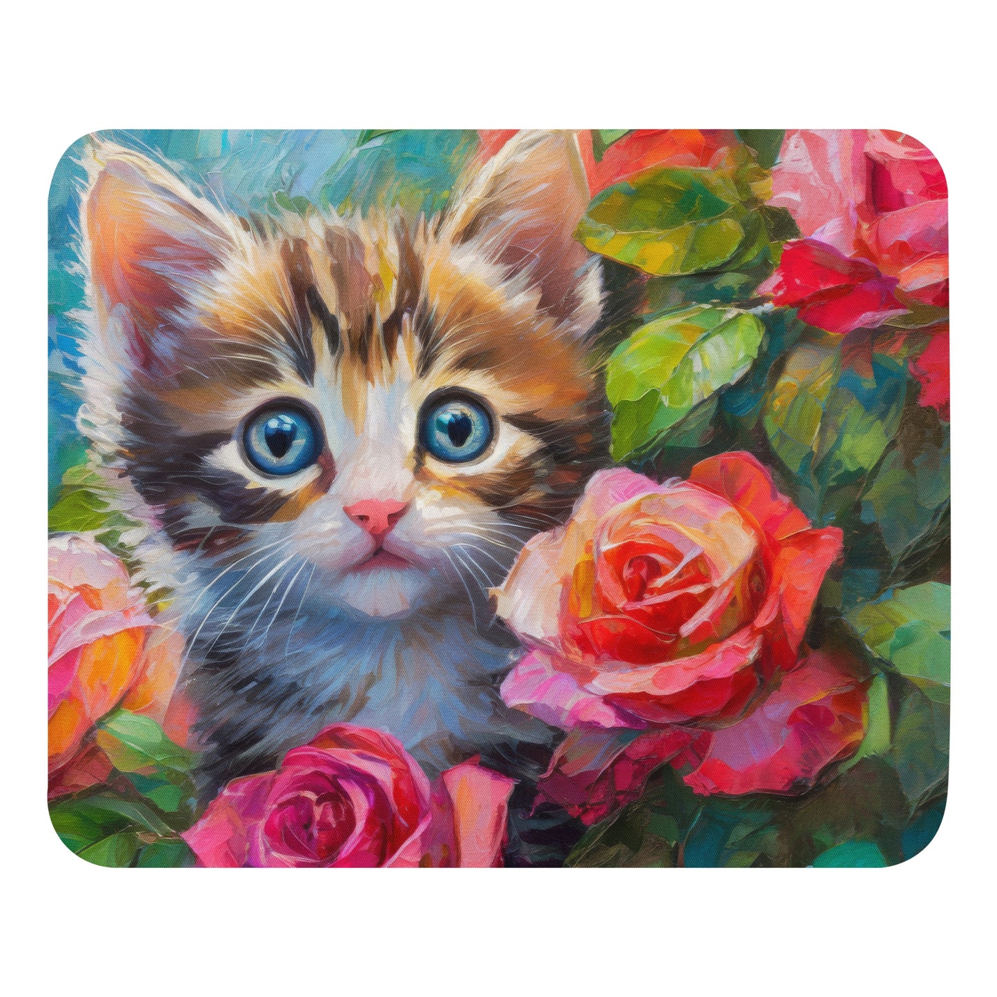 Adorable Kitten in Rose Bush Mouse Pad - Vibrant Oil Painting - Stylish And Colorful Desk Accessory Or Gift For Cat, Nature, Flower Lovers