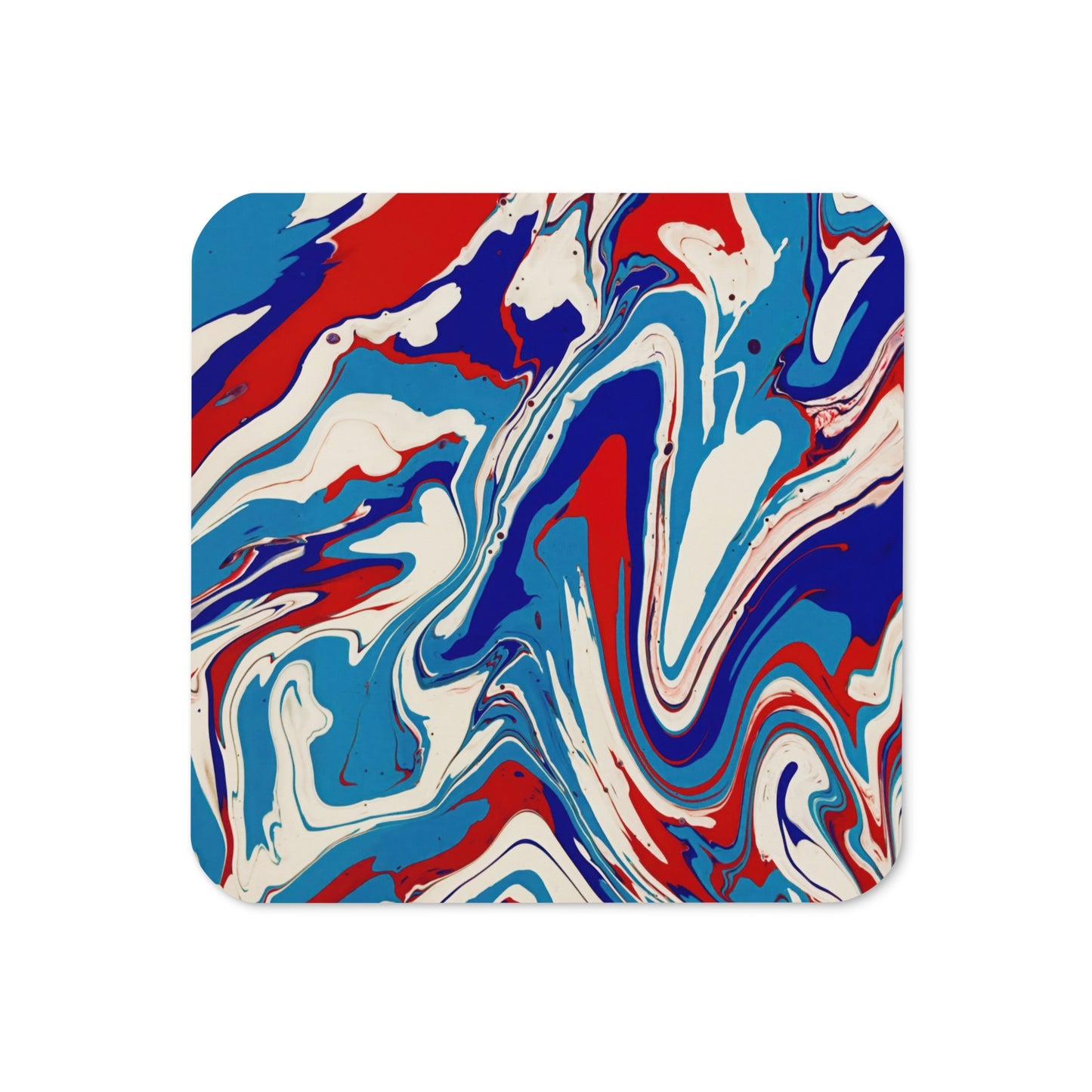 Vibrant Red, White & Blue Flow Painting Cork-Back Drink Coaster - Elegant Abstract And Modern Art Décor for Home, Kitchen, Cafe And Office