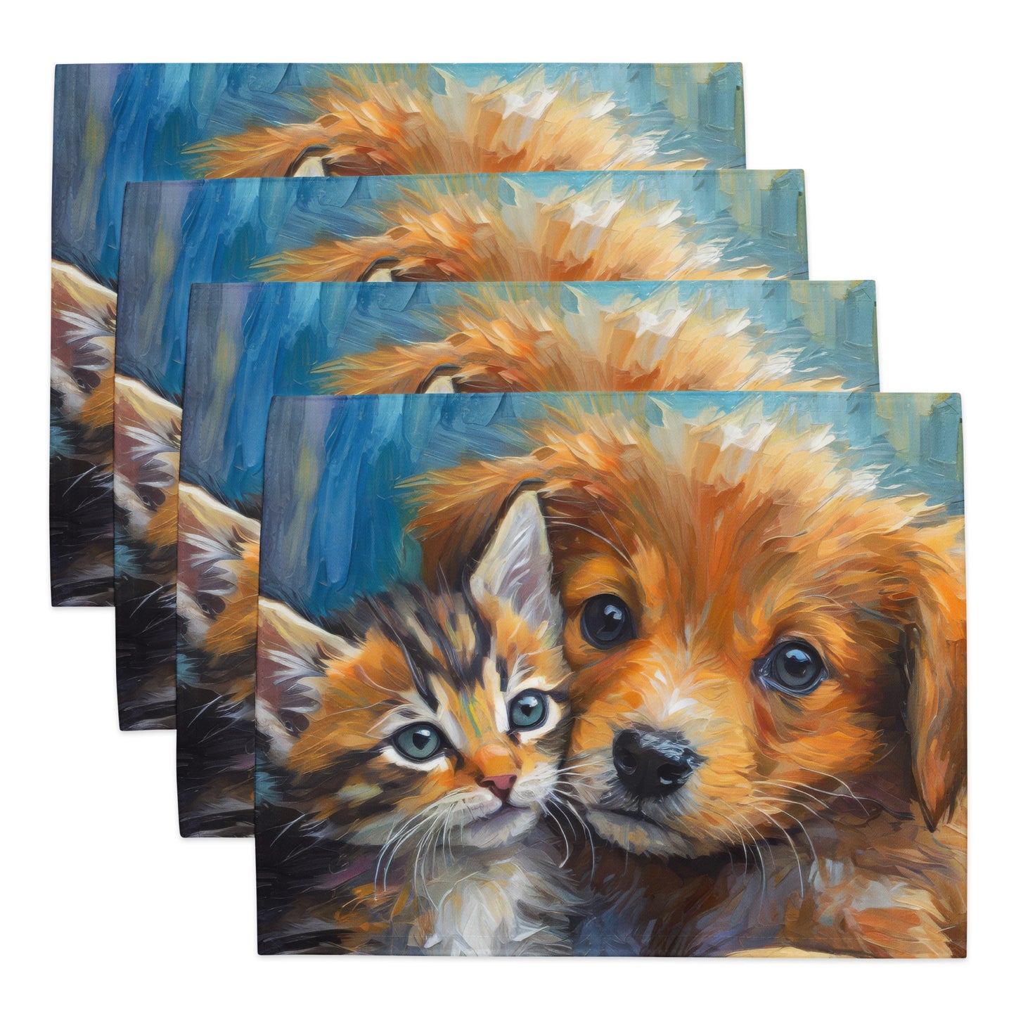 Adorable Kitten And Puppy Table Placemat Set of 4 - Colorful Oil Painting, Perfect Gift For Kids, Pet Lovers, And Art Enthusiasts