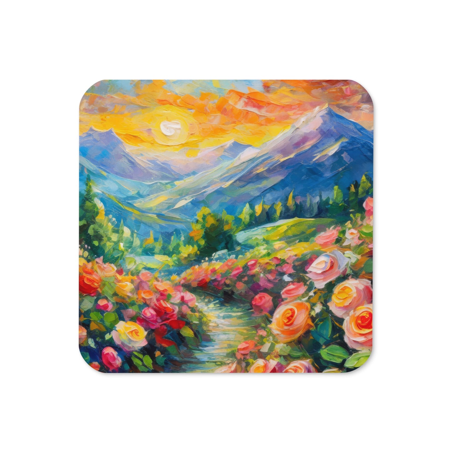 Scenic Mountain Sunset Cork-Back Coaster - Vibrant Oil Painting with Rose Pathway - Colorful & Stylish Home Decor - Perfect Gift Idea