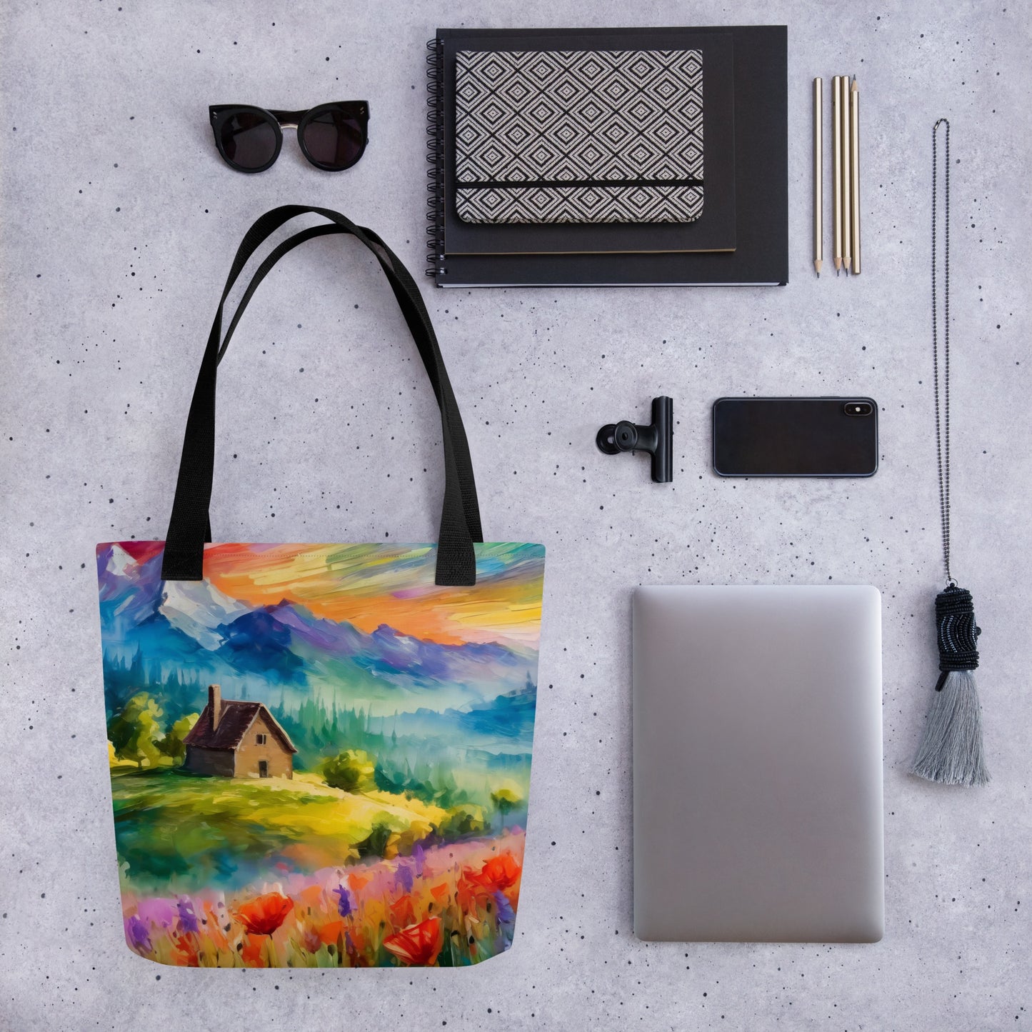 Majestic Cabin In The Mountains Tote Bag - Colorful Sunset Vibrant Van Gogh-Inspired Oil Painting, Perfect For Shopping And Everyday Use