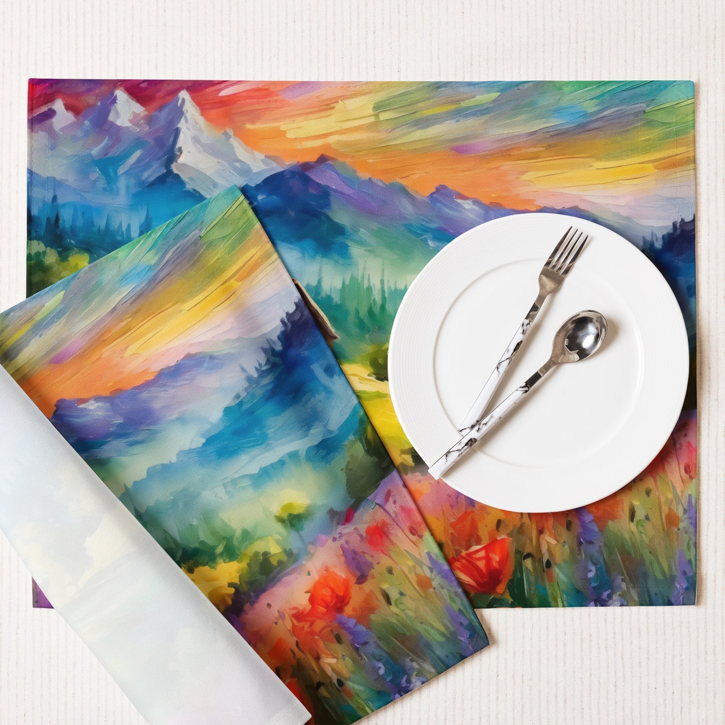 Colorful Mountain Sunset Table Placemat Set Of 4 - Scenic Oil Painting, Van Gogh Style, Perfect For Nature Lovers And Art Enthusiasts