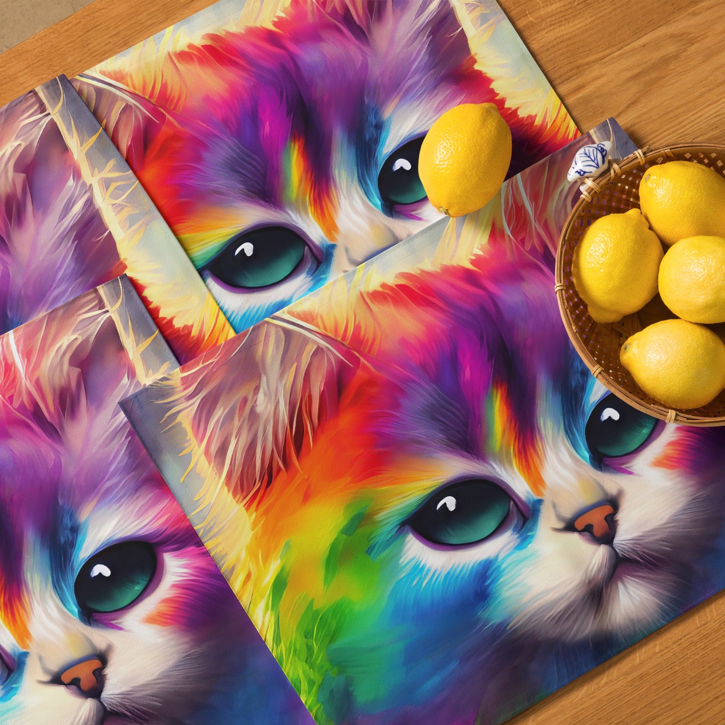 Rainbow Fur Cat Table Placemat Set Of 4 - Vibrant And Fun Painting, Perfect Gift For Kids, Pet Lovers, And Art Enthusiasts