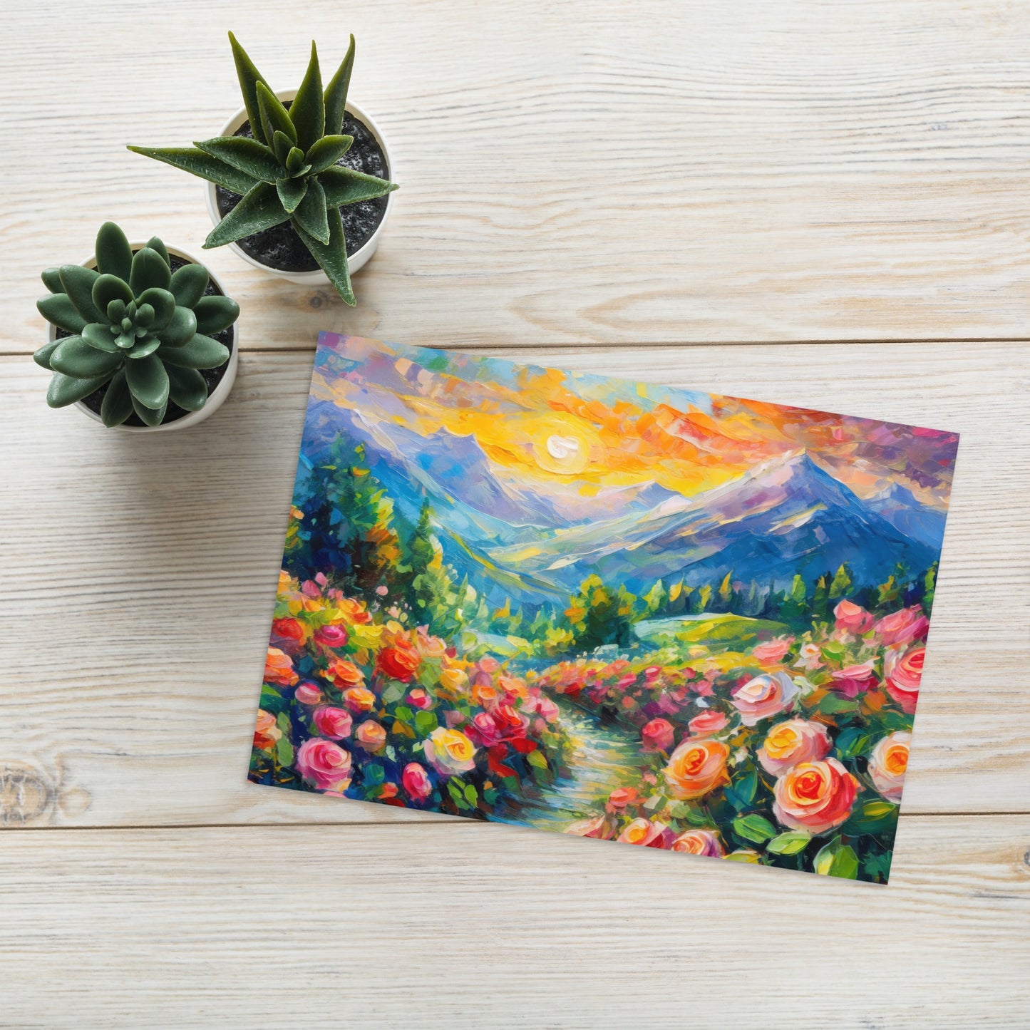 Majestic Mountain Sunset Greeting Card - Vibrant Oil Painting with Rose Path - Stylish, Peaceful & Colorful Nature Scene - A Great Gift Idea