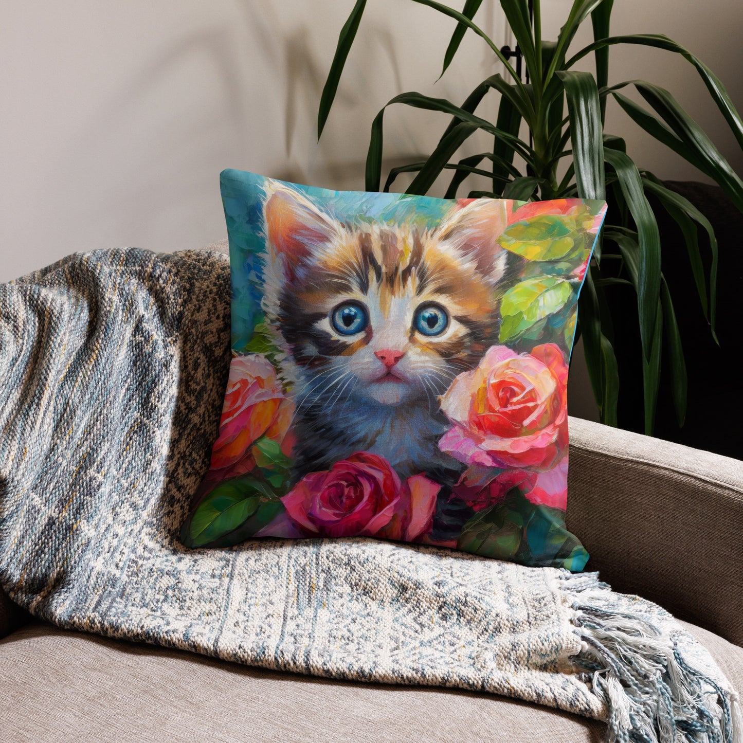 Premium Pillow With Adorable Kitten In Rose Bush Oil Painting – Perfect Gift For Cat & Flower Lovers, Soft And Beautiful Home And Bed Decor
