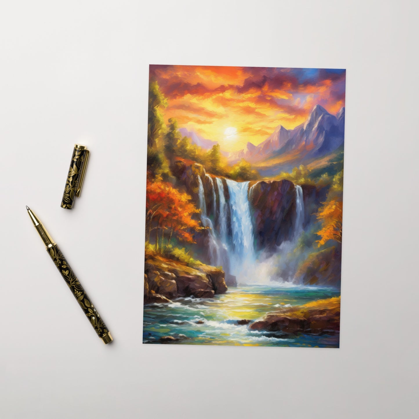 Majestic Waterfall Painting Greeting Card – Stunning Nature Art Print – High-Quality Artwork for Collectors and Nature Enthusiasts