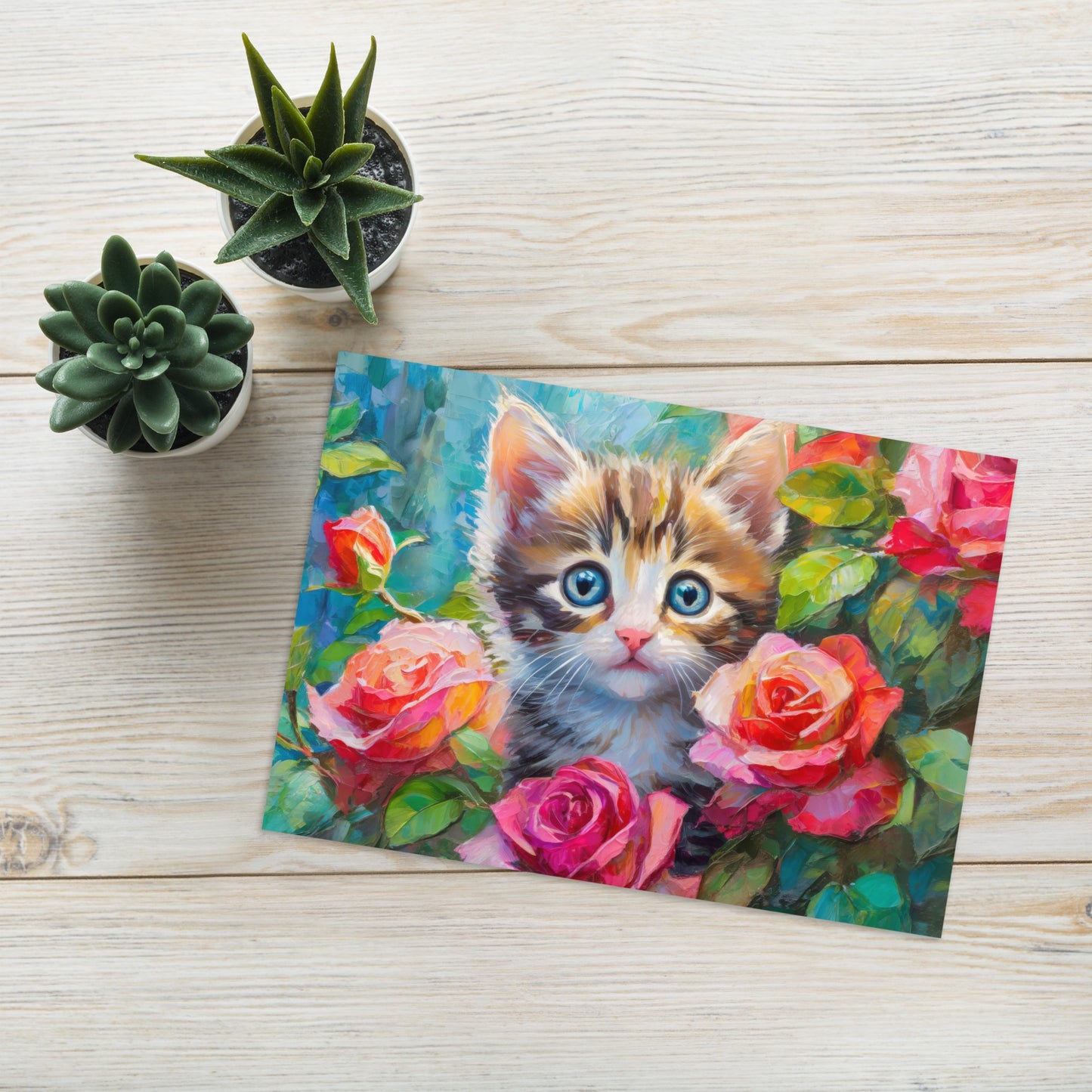 Adorable Kitten In Rose Bush Greeting Card - Vibrant Oil Painting - A Perfect Gift For Cat, Nature & Flower Lovers - Premium Print Quality