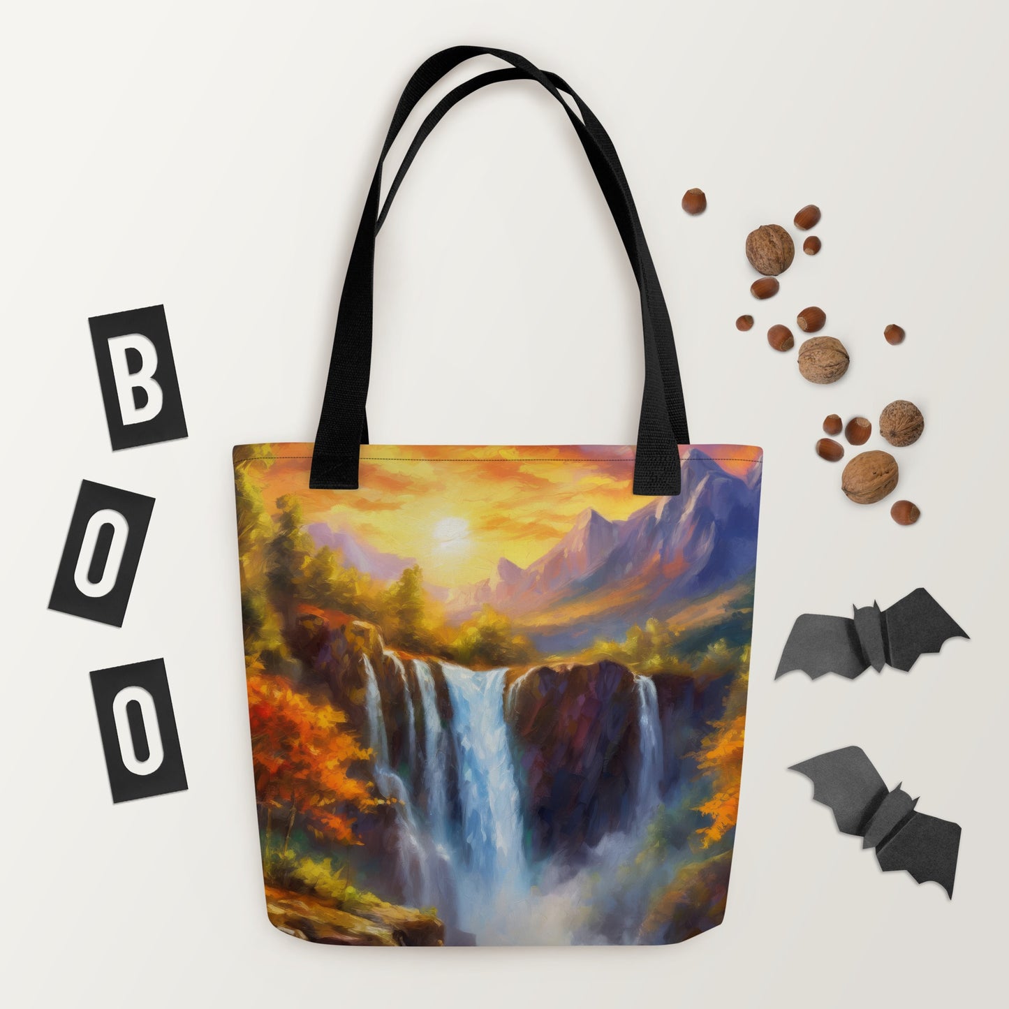 Scenic Mountain Range Tote Bag – Autumn Sunset, Majestic Waterfall, Colorful Artistic Design, Perfect for Home & Country Décor, Ideal Gift