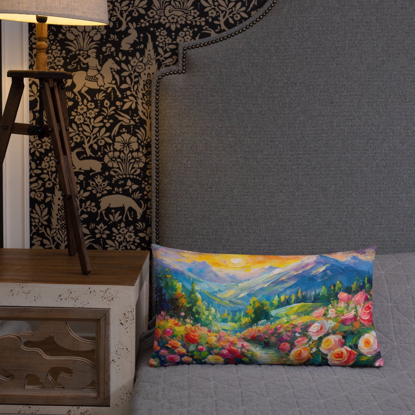 Premium Pillow With Mountain Sunset And Vibrant Rose Path - Nature-Inspired Oil Painting Home Décor - Cozy, Artistic Cushion - A Great Gift