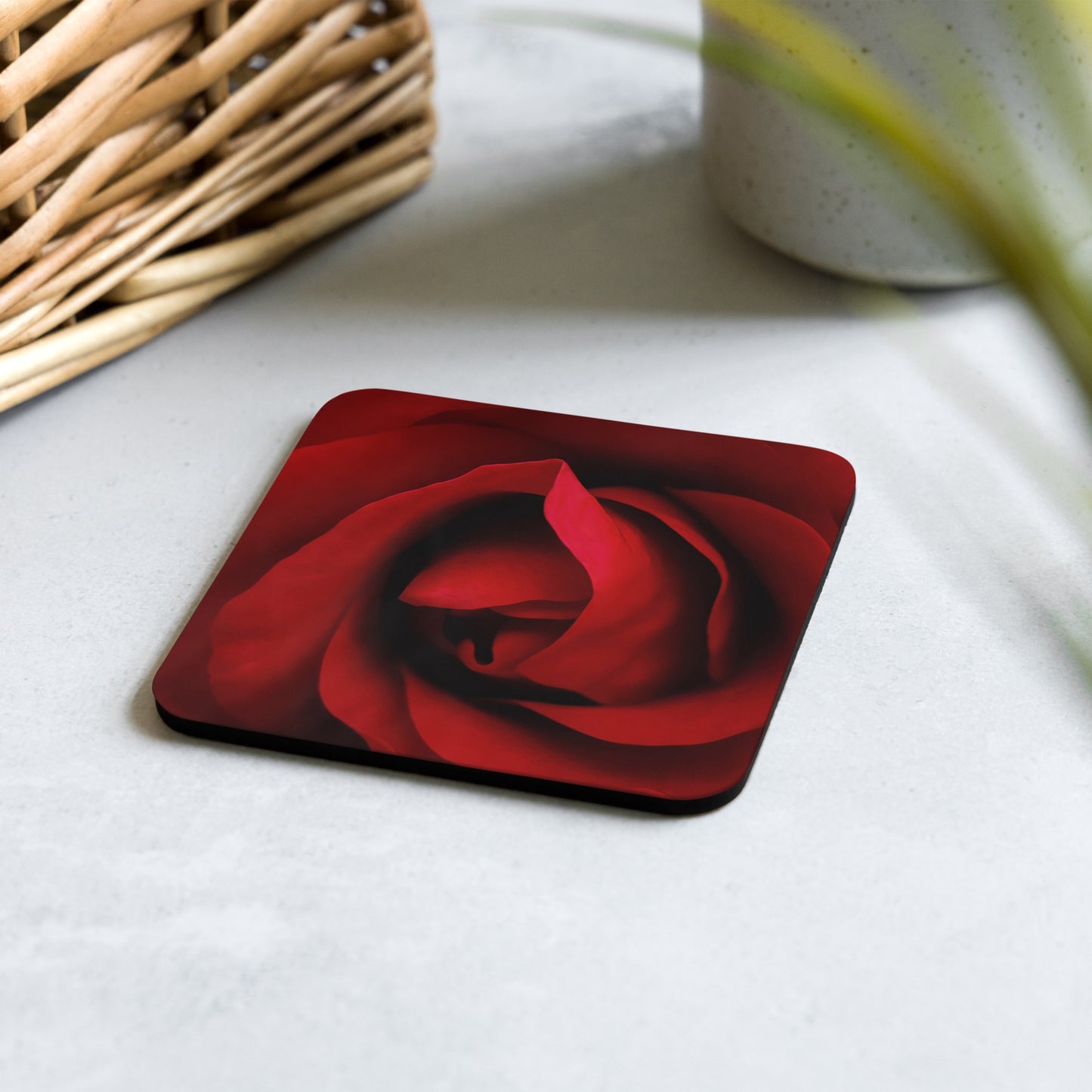 Vibrant Red Rose Cork-Back Coaster - Sharp Macro Photography, Perfect Gift For Nature & Flower Lovers, Valentines Day And Romantic Occasions
