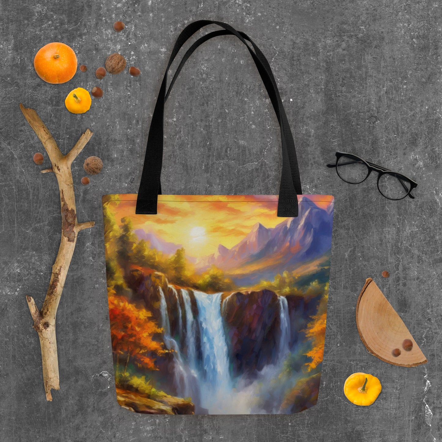 Scenic Mountain Range Tote Bag – Autumn Sunset, Majestic Waterfall, Colorful Artistic Design, Perfect for Home & Country Décor, Ideal Gift