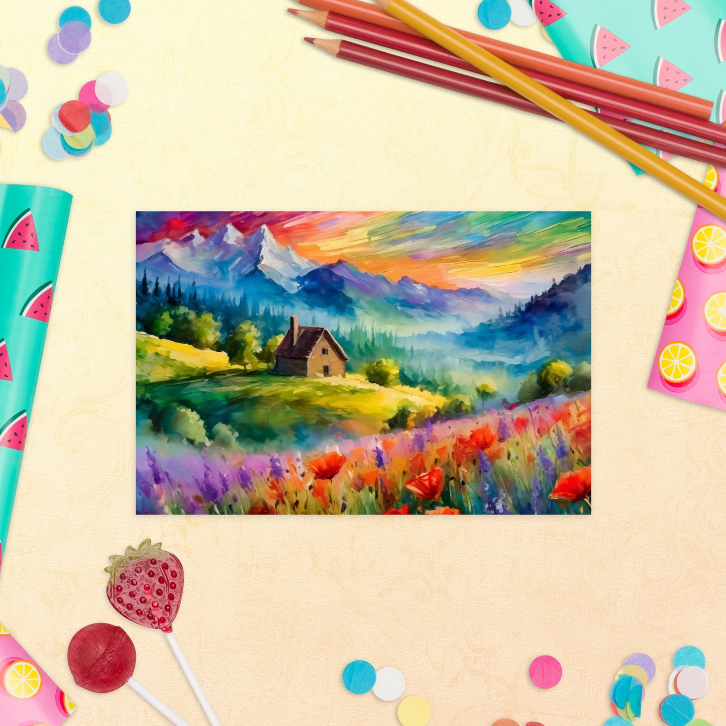 Van Gogh-Inspired Mountain Sunset Greeting Card - Colorful Oil Art For Any Occasion - Cabin In The Mountains - Great Gift For Nature Lovers
