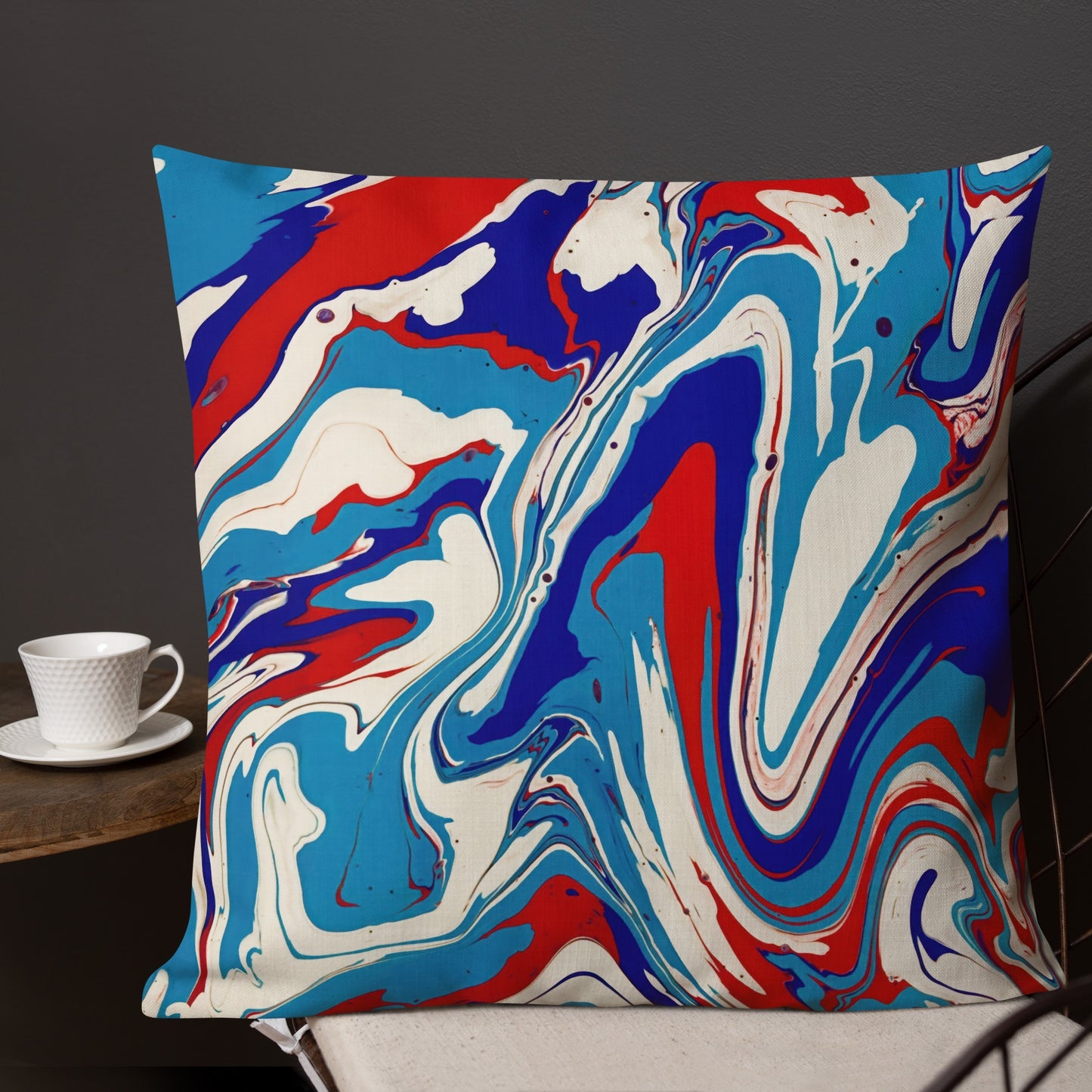Premium Pillow With Vibrant Red, White, and Blue Acrylic Flow Painting - Elegant Abstract Art Gift For Bedroom And Living Room Couch Decor