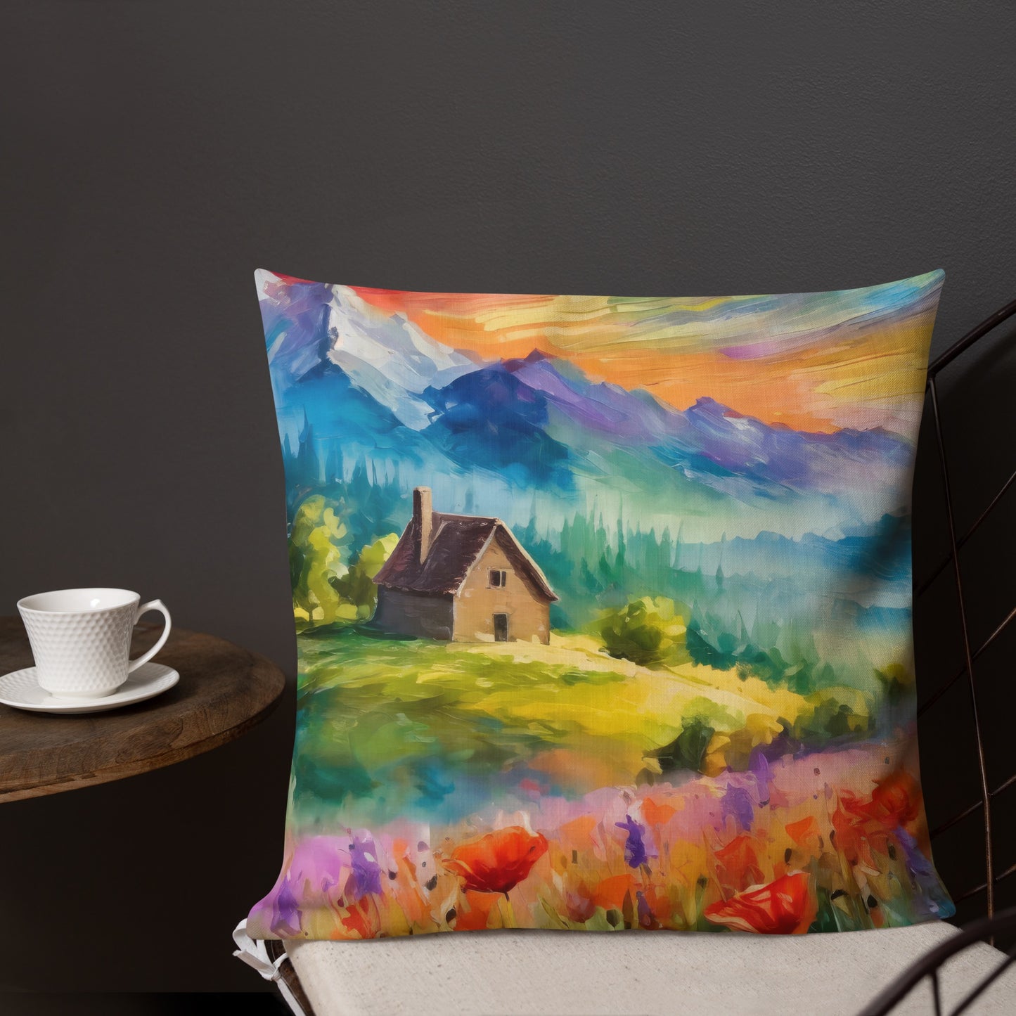 Premium Pillow With Van Gogh-Inspired Colorful Mountain Sunset Oil Painting – Vibrant Cabin & Flower Fields, Perfect For A Home Decor Gift
