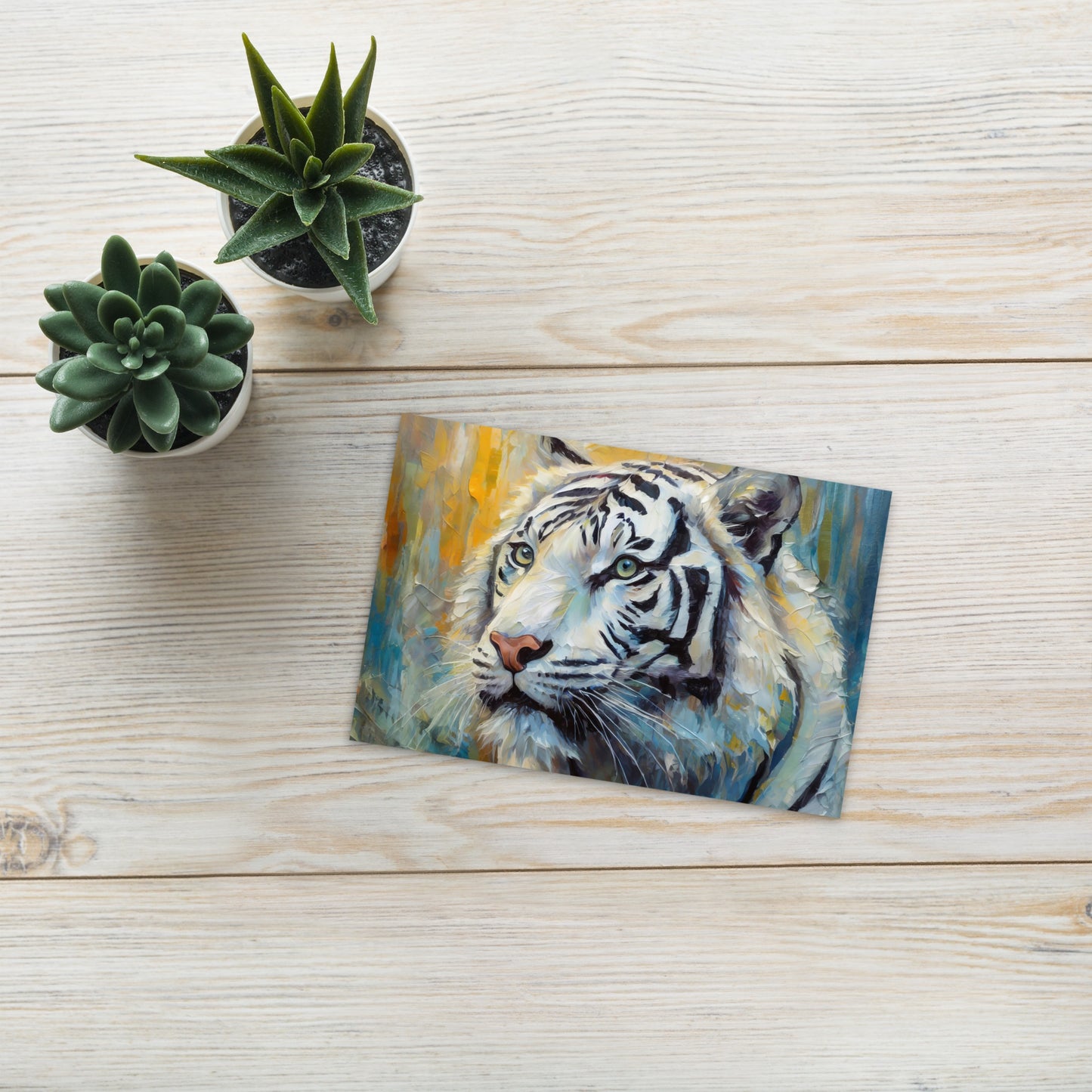 Majestic White Tiger Oil Painting Postcard – Stylish And Elegant Wildlife Art For Nature Lovers – Perfect Gift, Desk Décor For Home & Office