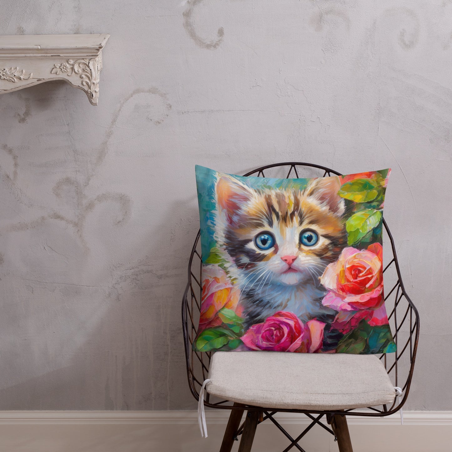Premium Pillow With Adorable Kitten In Rose Bush Oil Painting – Perfect Gift For Cat & Flower Lovers, Soft And Beautiful Home And Bed Decor