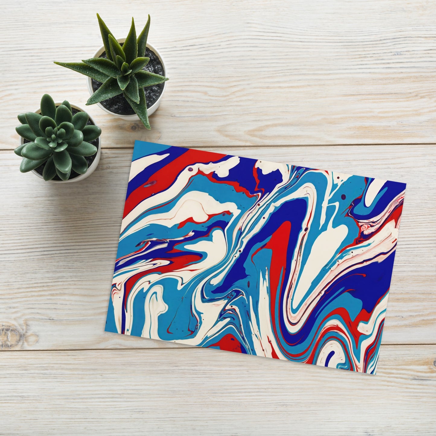 Elegant Acrylic Flow Painting Greeting Card - Vibrant Red, White, and Blue Abstract Art Gift For Every Day Messages And Special Occasions