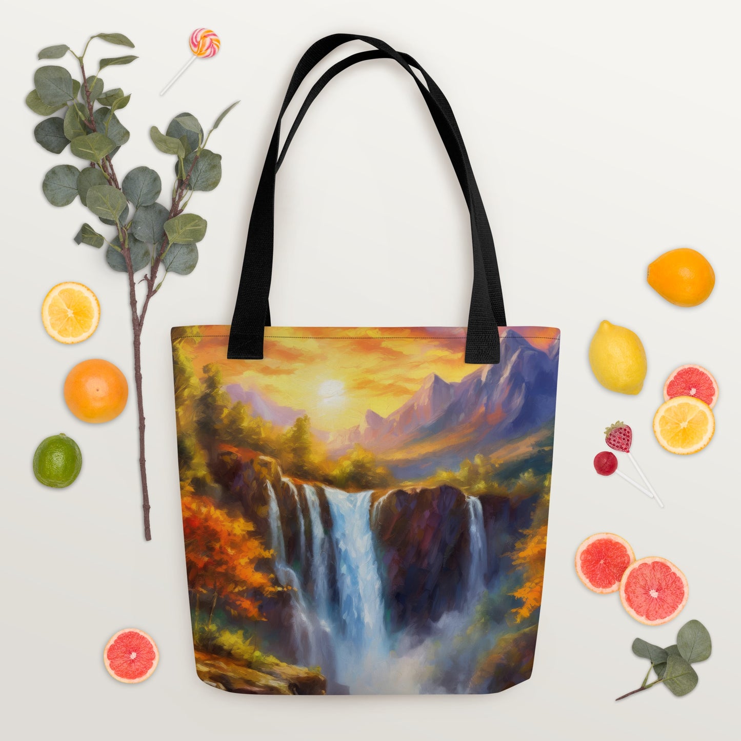 Scenic Mountain Range Tote Bag – Autumn Sunset, Majestic Waterfall, Colorful Artistic Design, Perfect for Home & Country Décor, Ideal Gift