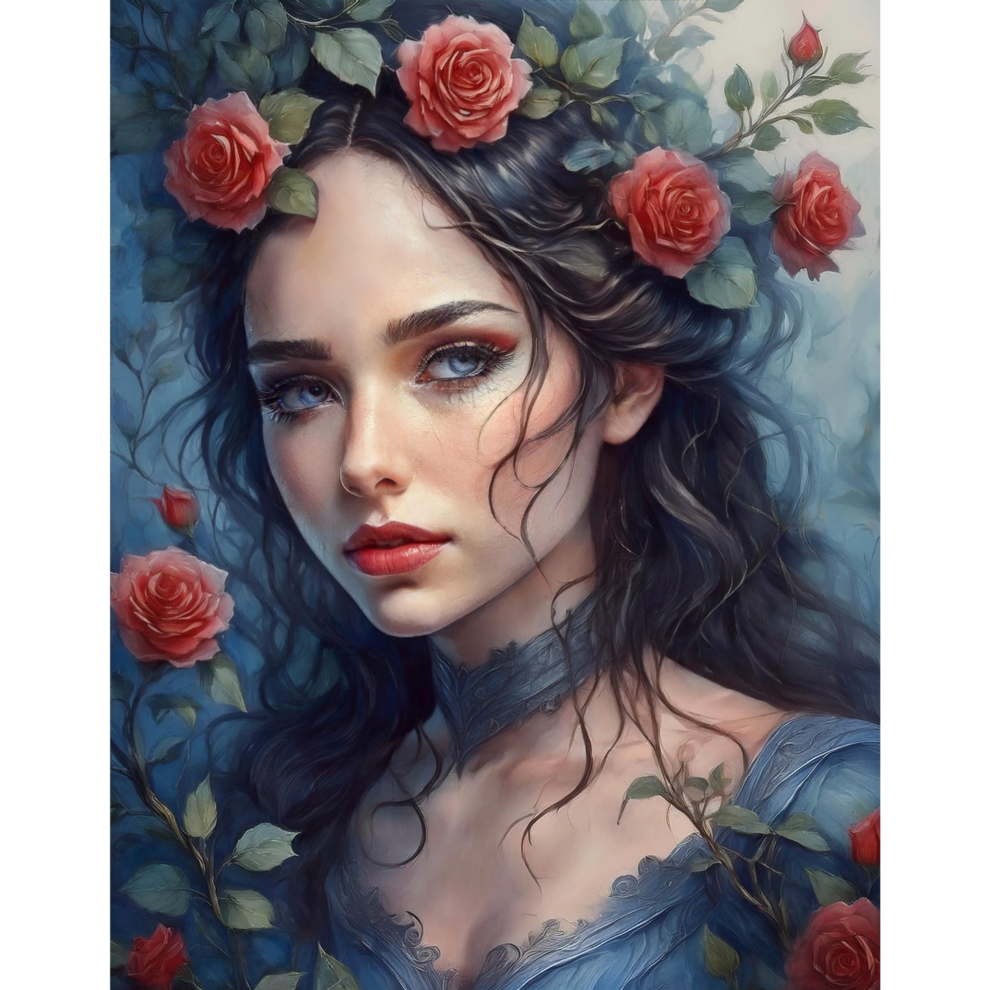 Rose Red - Fairytale - Fine Art Digital Download Print - Maiden With Roses In Her Hair - Sister Of Snow White - Brothers Grimm Artwork