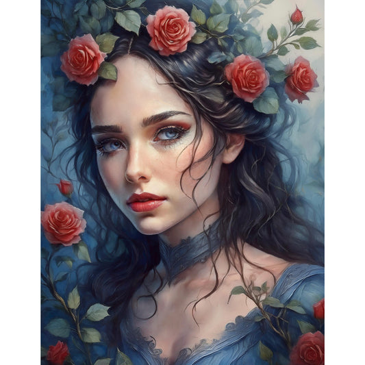Rose Red - Fairytale - Fine Art Digital Download Print - Maiden With Roses In Her Hair - Sister Of Snow White - Brothers Grimm Artwork