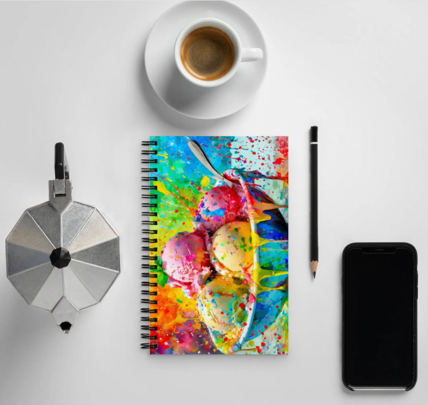 Vibrant Ice Cream Bowl Spiral Notebook – Colorful Oil Painting, Rainbow Background, Stylish And Fun Stationery, Perfect for School & Office