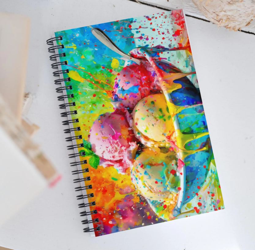 Vibrant Ice Cream Bowl Spiral Notebook – Colorful Oil Painting, Rainbow Background, Stylish And Fun Stationery, Perfect for School & Office