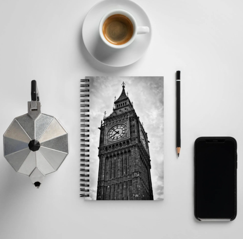 Big Ben Spiral Notebook - Stunning Black & White Photo, Elegant Home And Office Stationery Decor, Perfect Traveler Journal, Great Gift Idea