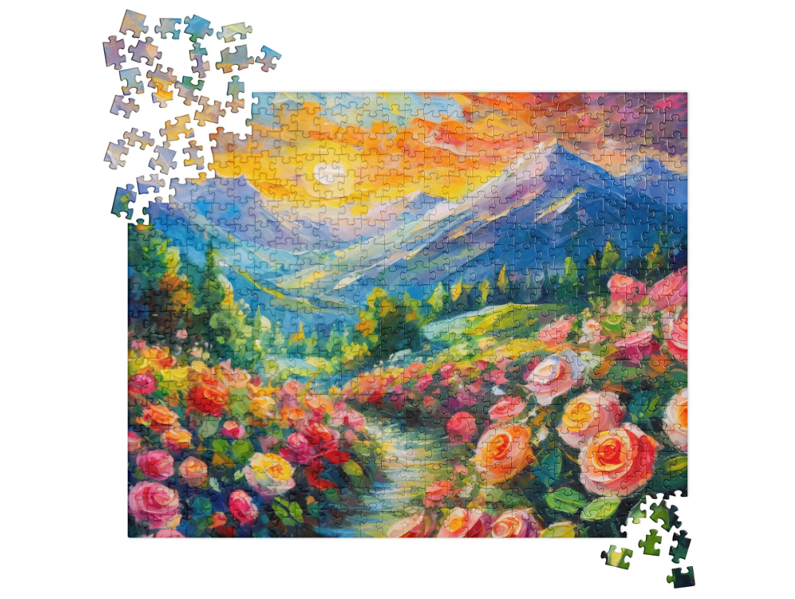 Majestic Mountain Sunset Jigsaw Puzzle - Colorful Oil Painting With Vibrant Roses, Scenic Path, Perfect Gift Idea For Country & Home Décor