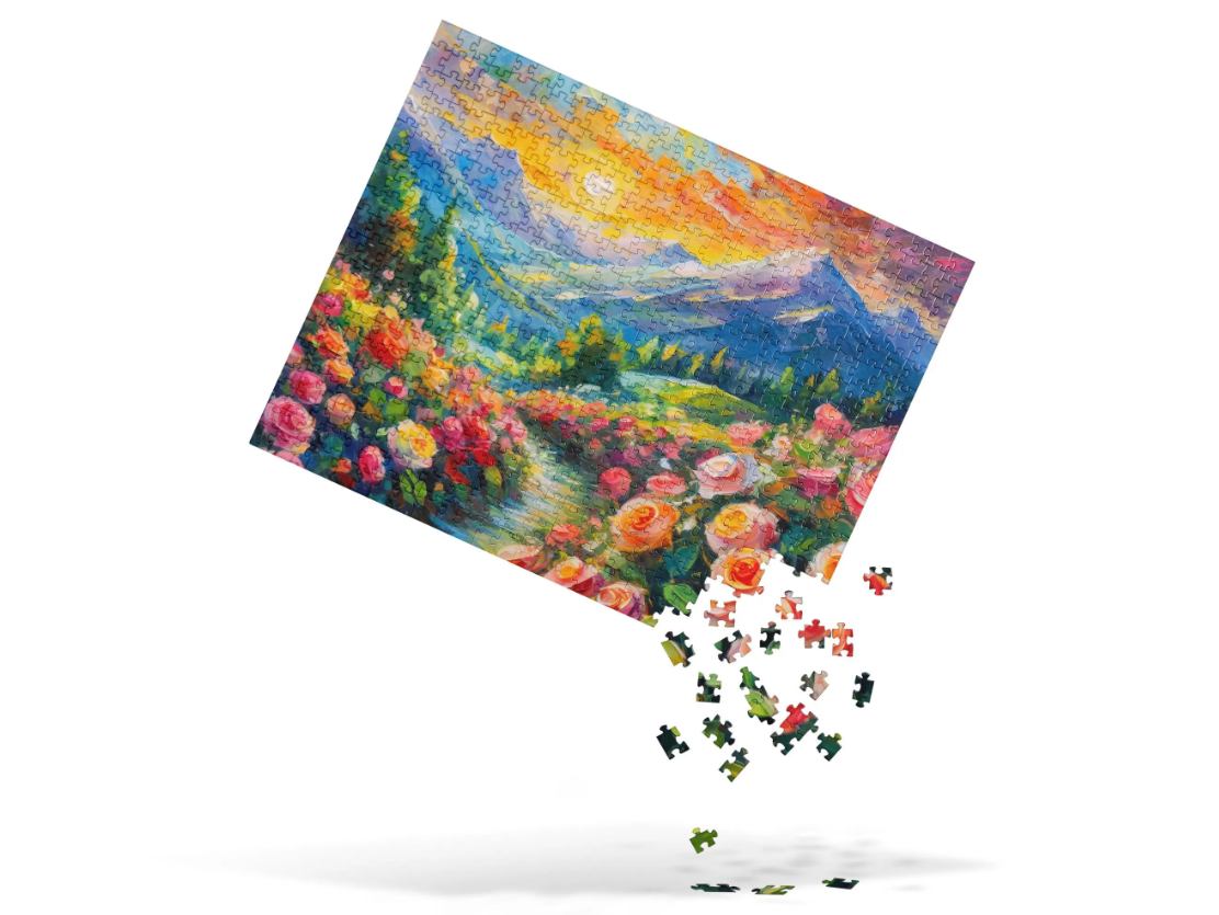 Majestic Mountain Sunset Jigsaw Puzzle - Colorful Oil Painting With Vibrant Roses, Scenic Path, Perfect Gift Idea For Country & Home Décor