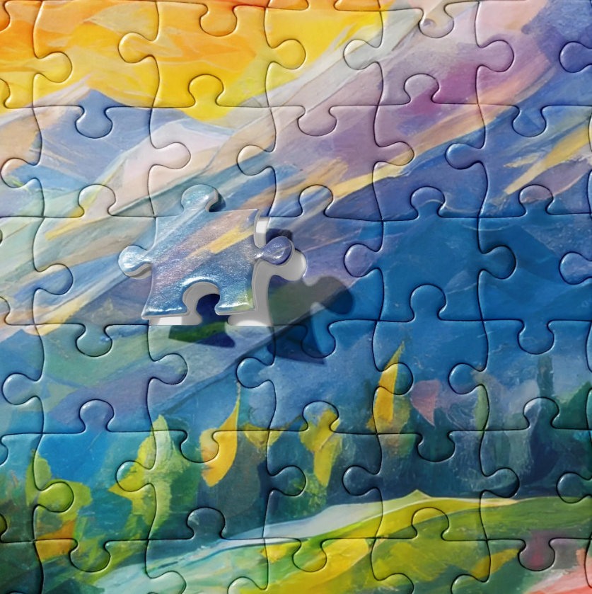 Majestic Mountain Sunset Jigsaw Puzzle - Colorful Oil Painting With Vibrant Roses, Scenic Path, Perfect Gift Idea For Country & Home Décor