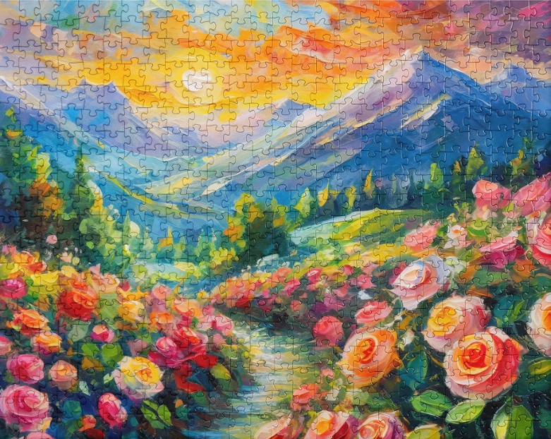 Majestic Mountain Sunset Jigsaw Puzzle - Colorful Oil Painting With Vibrant Roses, Scenic Path, Perfect Gift Idea For Country & Home Décor