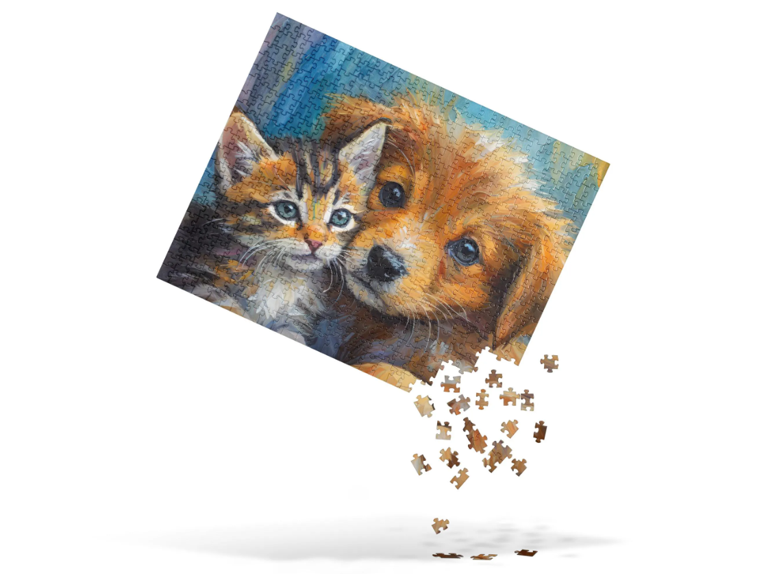 Adorable Kitten And Puppy Jigsaw Puzzle - Vibrant And Stylish Oil Painting, Perfect Gift For Kids, Families, Pet Lovers And Art Enthusiasts