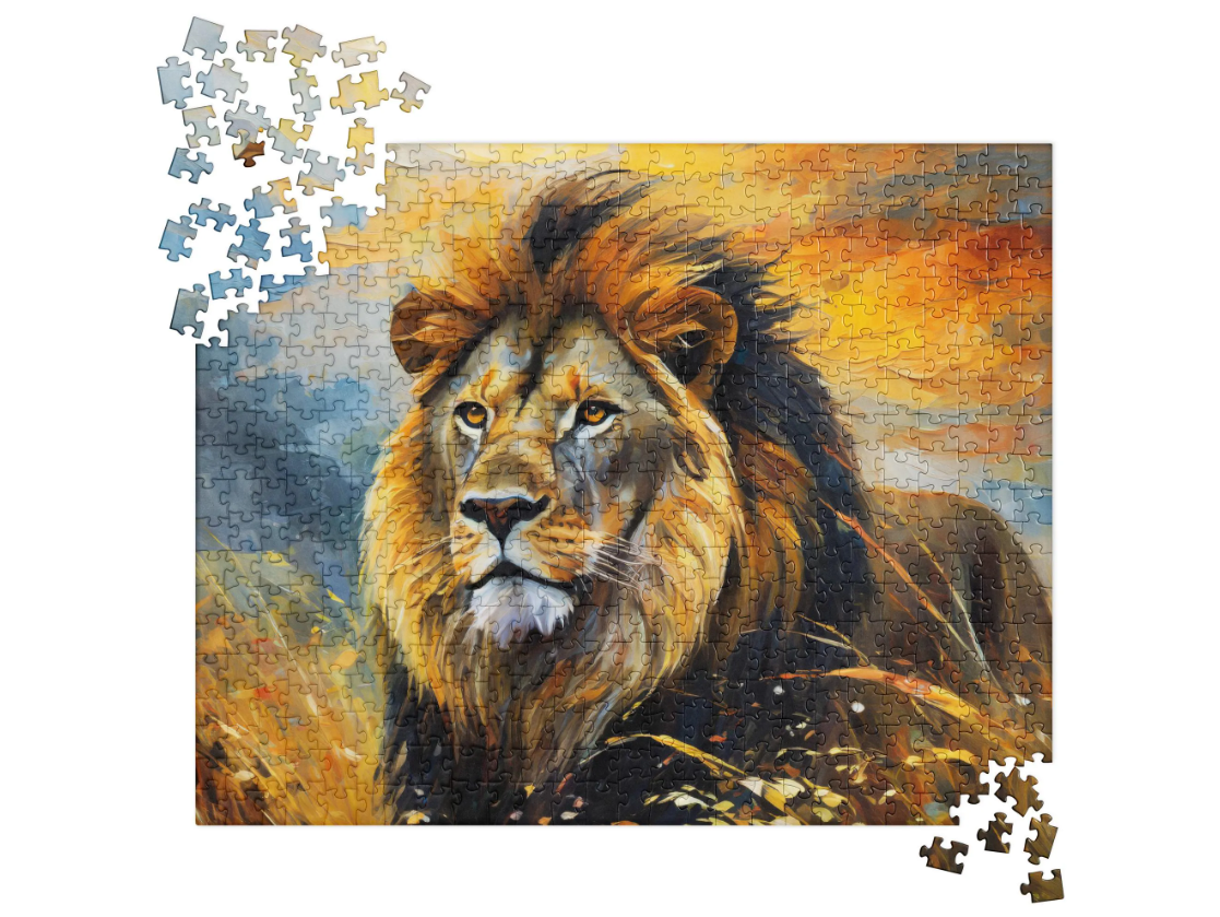 Majestic African Lion Jigsaw Puzzle - Vibrant Oil Painting, Male Lion With Mane In Golden Fields At Evening - Great Gift For Nature Lovers