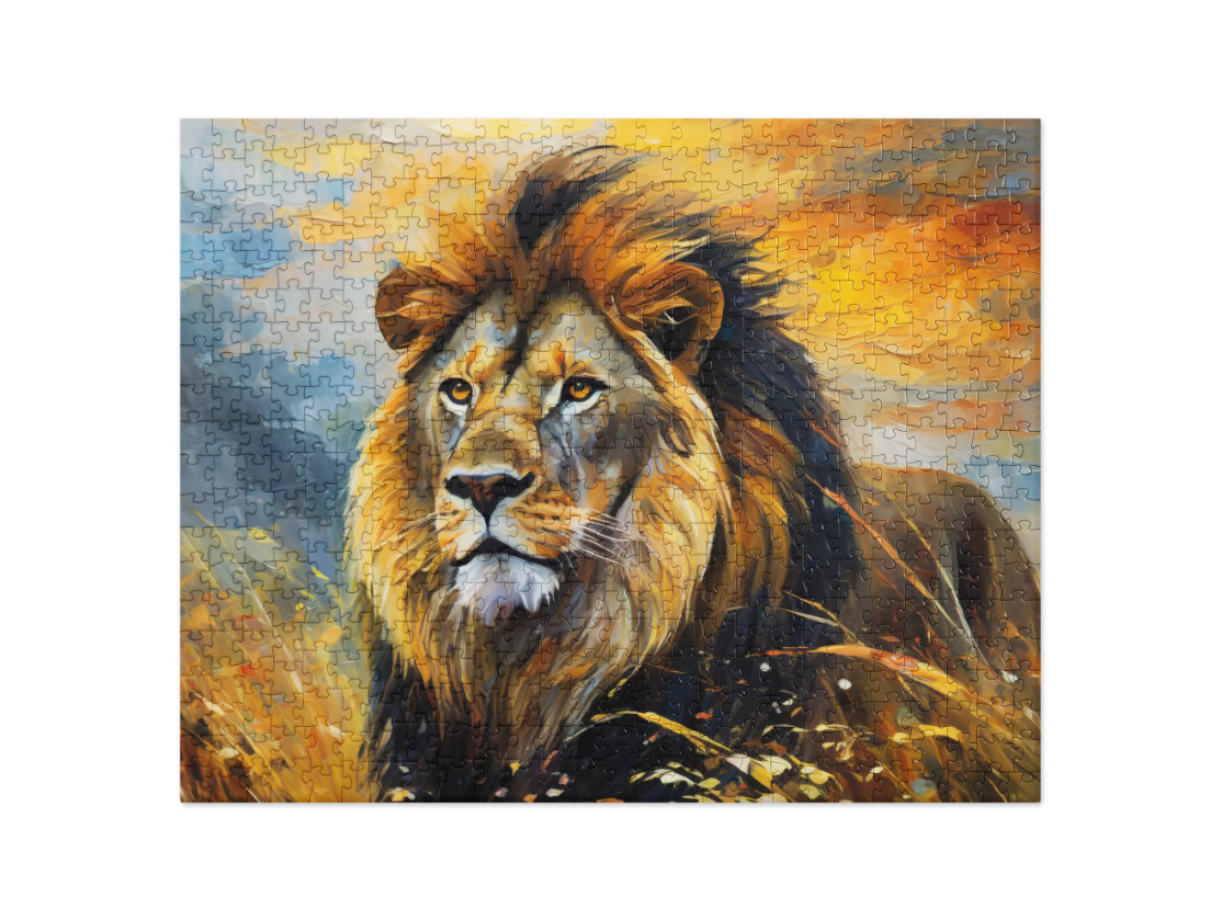 Majestic African Lion Jigsaw Puzzle - Vibrant Oil Painting, Male Lion With Mane In Golden Fields At Evening - Great Gift For Nature Lovers
