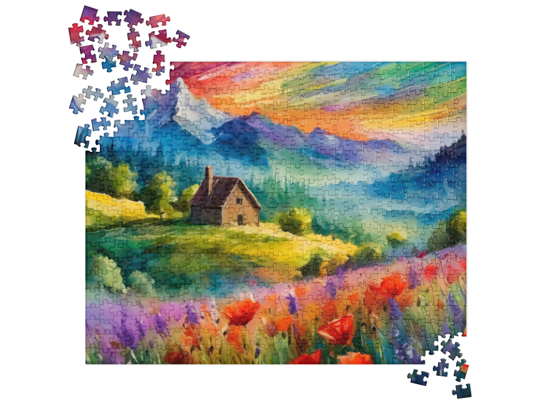 Van Gogh-Inspired Mountain Sunset Jigsaw Puzzle – Majestic Mountains, Colorful Cabin, Flower Fields, Perfect Home Decor Gift, Relaxing & Fun
