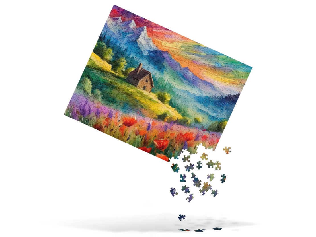 Van Gogh-Inspired Mountain Sunset Jigsaw Puzzle – Majestic Mountains, Colorful Cabin, Flower Fields, Perfect Home Decor Gift, Relaxing & Fun