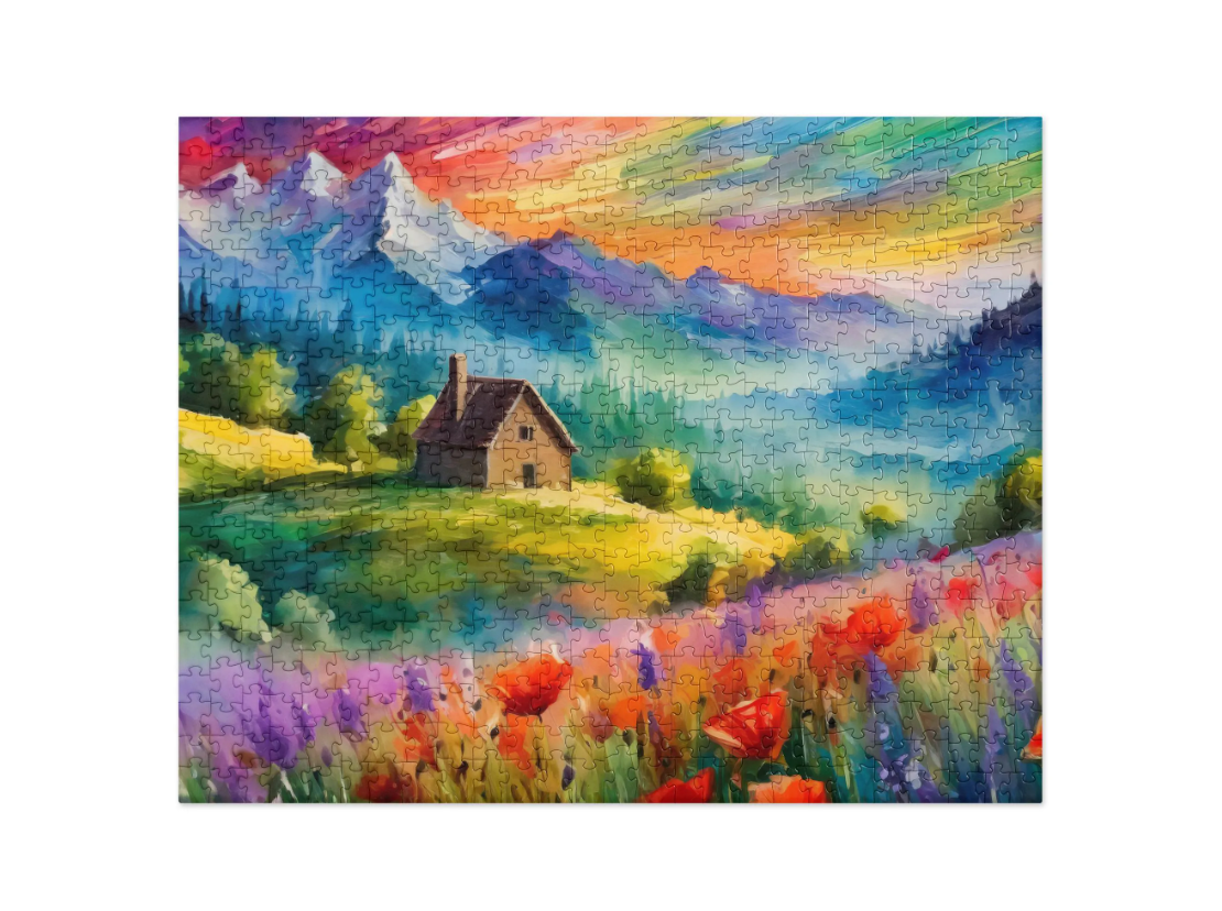 Van Gogh-Inspired Mountain Sunset Jigsaw Puzzle – Majestic Mountains, Colorful Cabin, Flower Fields, Perfect Home Decor Gift, Relaxing & Fun