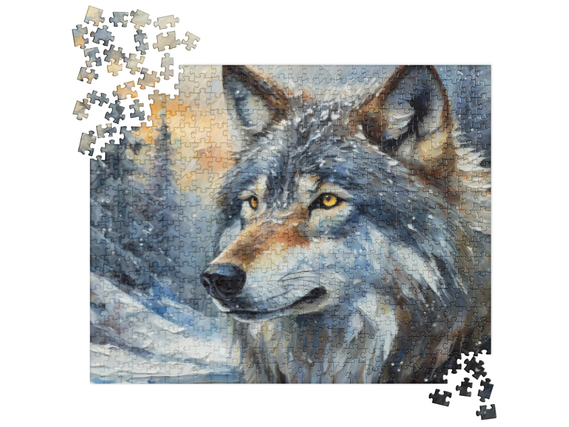 Beautiful Grey Wolf Jigsaw Puzzle - Vibrant Oil Painting, Winter Landscape, Perfect Gift For Puzzle & Wildlife Lovers, Fun Family Activity
