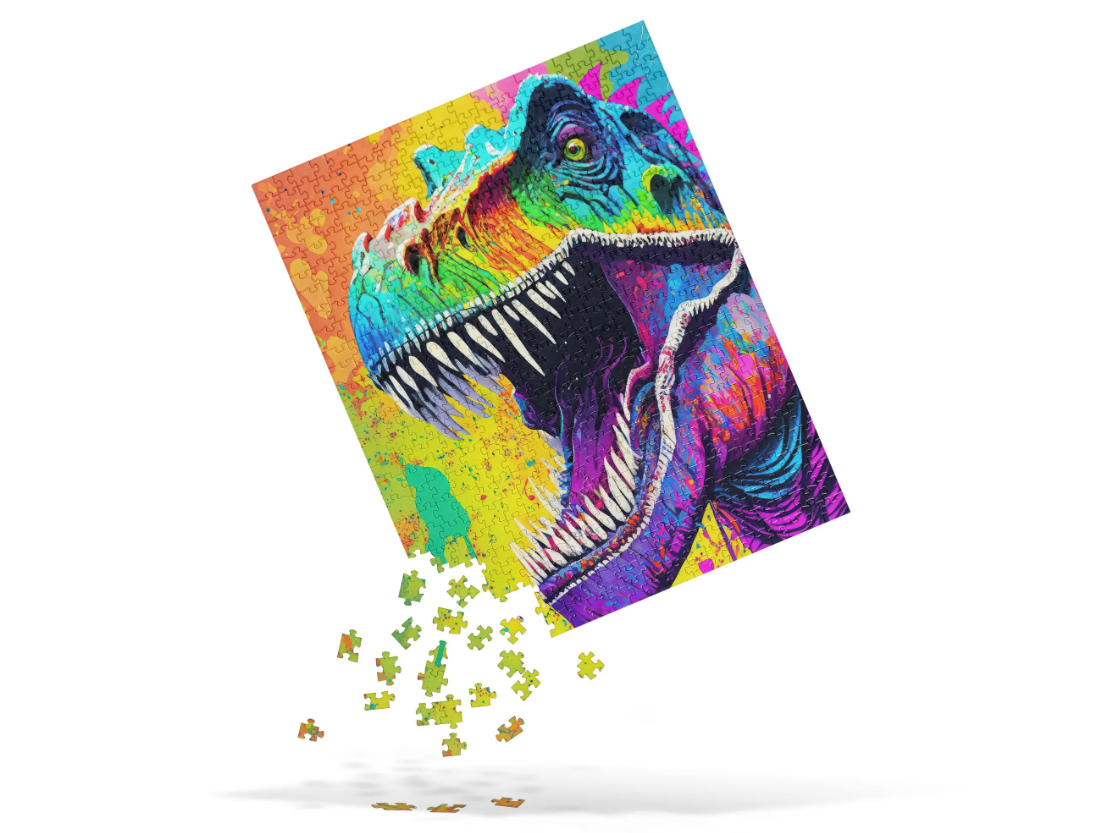 Colorful Psychedelic T-Rex Jigsaw Puzzle - Vibrant Pop Art - Fun Activity For Kids & Families - Gift For Alternative And Graffiti Art Lovers