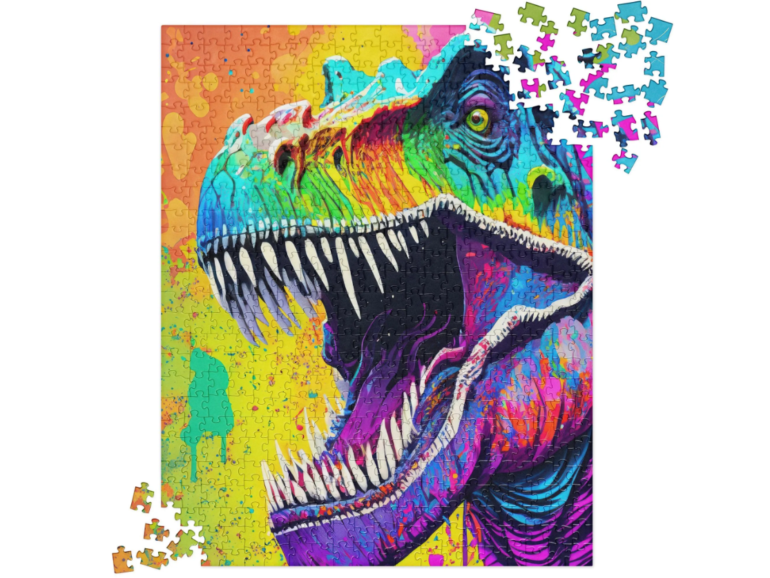Colorful Psychedelic T-Rex Jigsaw Puzzle - Vibrant Pop Art - Fun Activity For Kids & Families - Gift For Alternative And Graffiti Art Lovers
