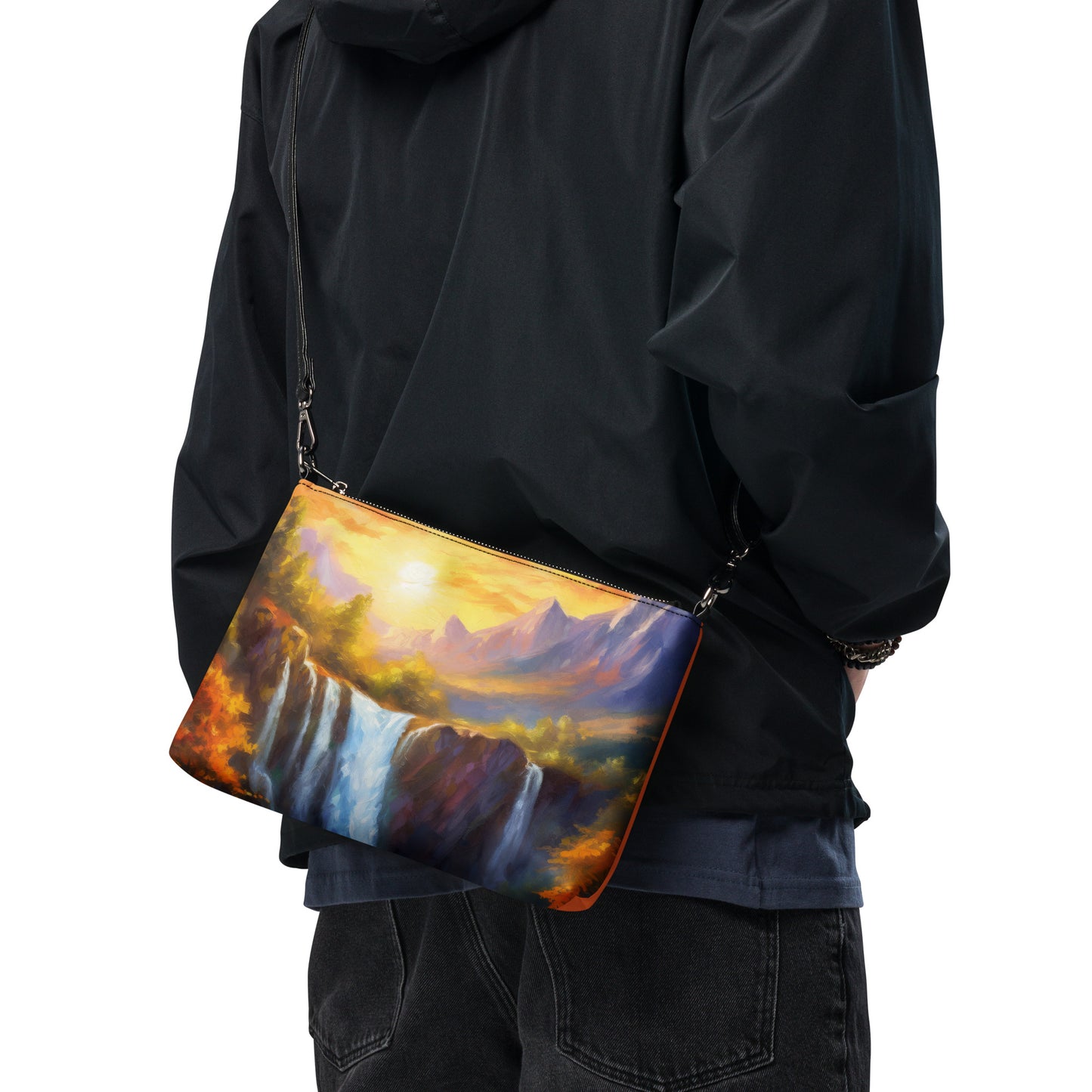 Majestic Mountain Range Crossbody Bag - Colorful Oil Painting of Autumn Sunset With Waterfall & Creek, Stylish And Unique Everyday Accessory