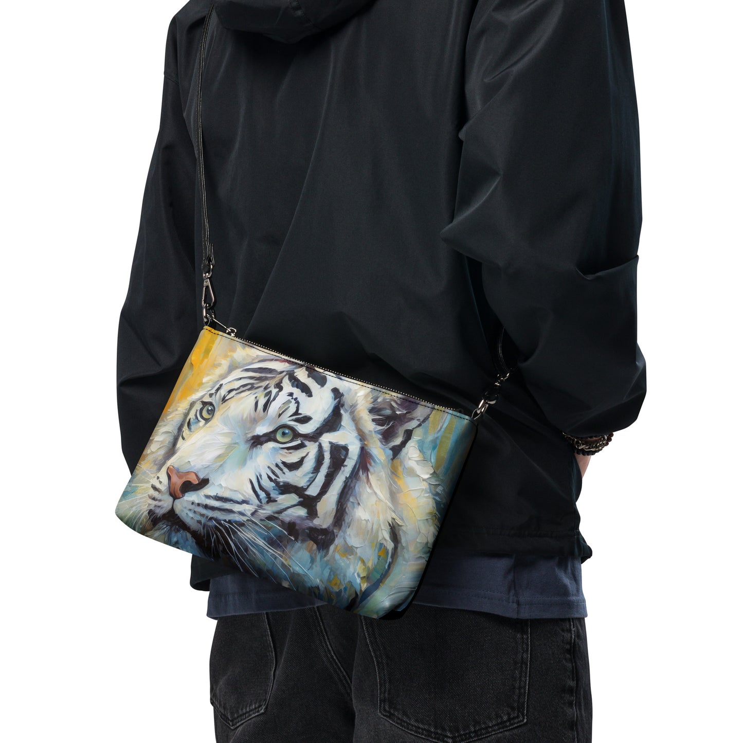 Elegant Crossbody Bag - Majestic White Tiger Oil Painting - Vibrant, Stylish & Unique Gift Accessory For Friends, Nature And Wildlife Lovers
