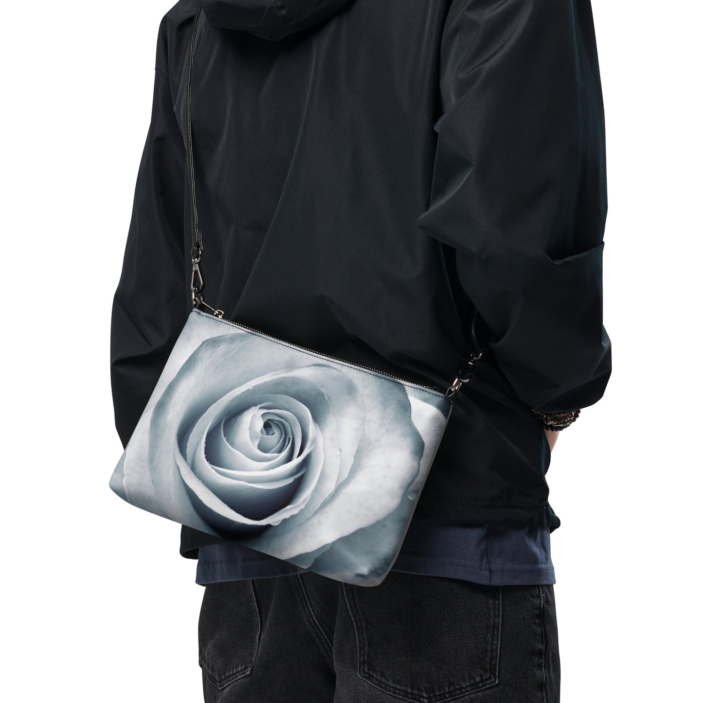 Elegant White Rose Macro Photograph On Fine Art Crossbody Bag - Perfect Gift For Contemporary Art, Nature, Flower & B&W Photography Lovers