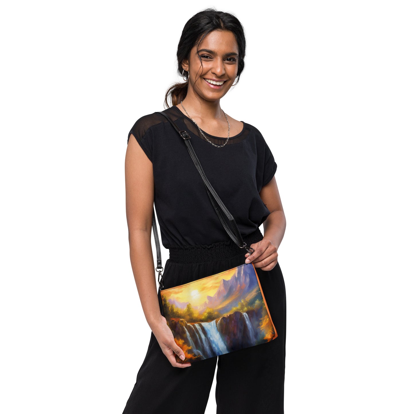 Majestic Mountain Range Crossbody Bag - Colorful Oil Painting of Autumn Sunset With Waterfall & Creek, Stylish And Unique Everyday Accessory