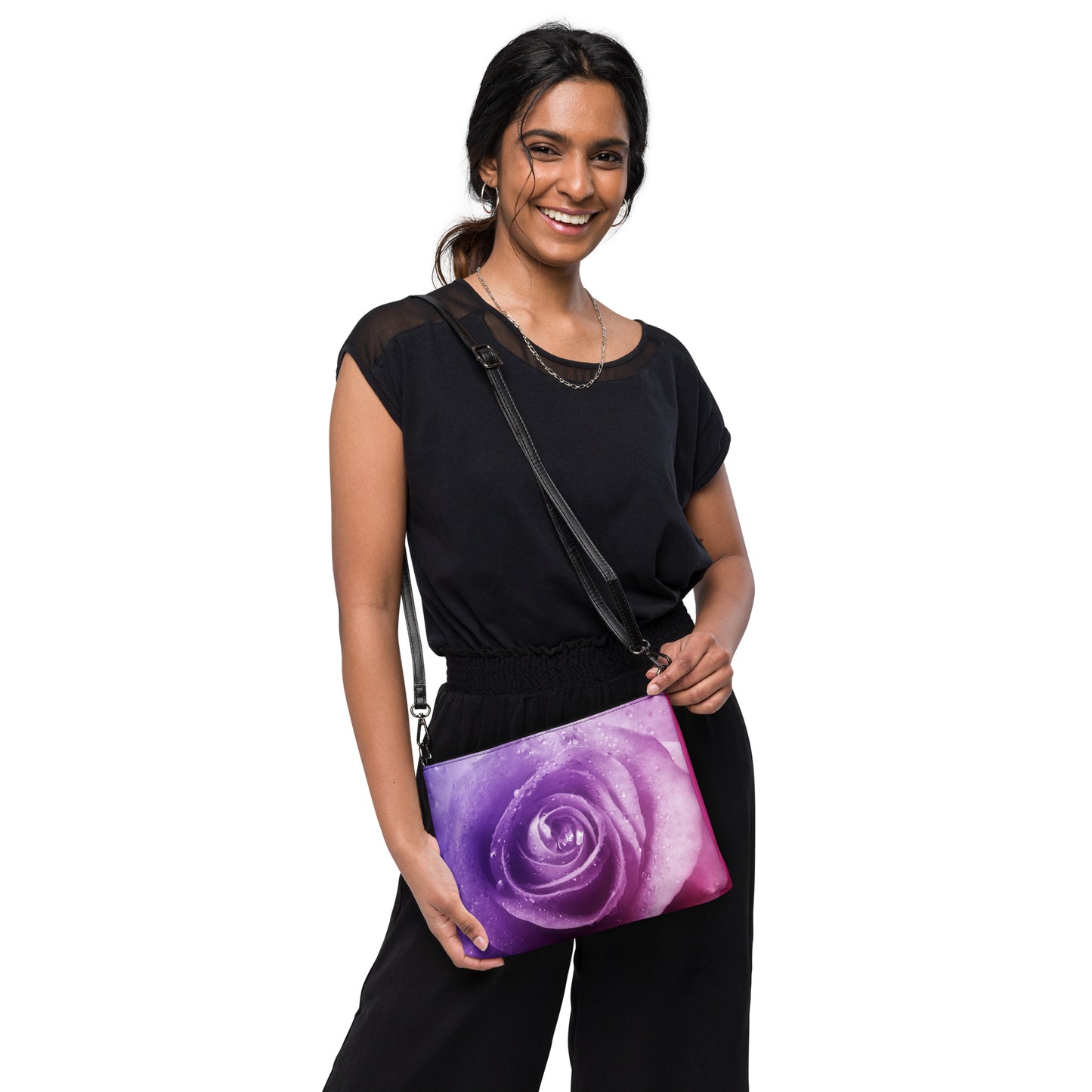 Vibrant Pink & Purple Rose Crossbody Bag - Stunning Unique Nature Lovers Gift, Stylish Everyday Accessory, Perfect Beautiful Floral Present