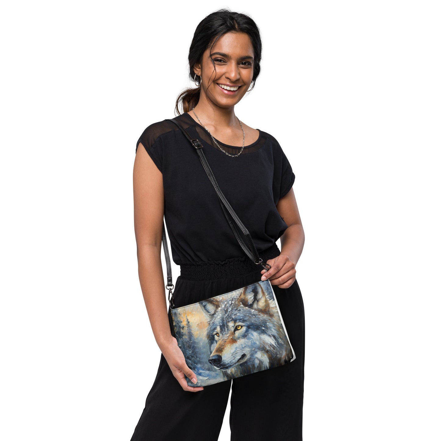 Vibrant Grey Wolf Cross Body Bag - Colorful Oil Painting, Winter Landscape, Perfect Nature & Wildlife Gift, Fun Stylish Everyday Accessory
