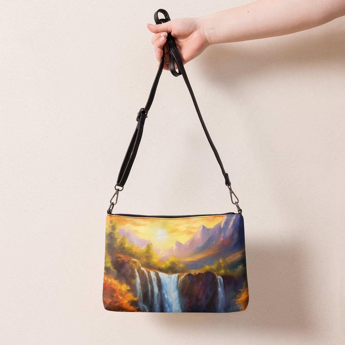 Majestic Mountain Range Crossbody Bag - Colorful Oil Painting of Autumn Sunset With Waterfall & Creek, Stylish And Unique Everyday Accessory