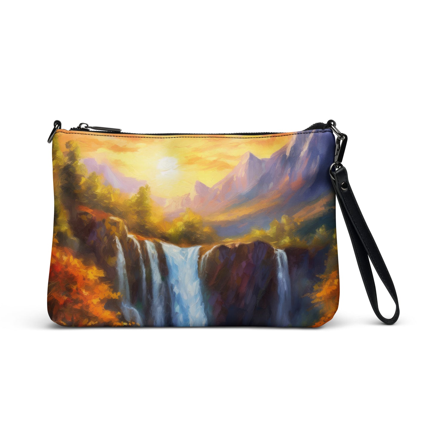 Majestic Mountain Range Crossbody Bag - Colorful Oil Painting of Autumn Sunset With Waterfall & Creek, Stylish And Unique Everyday Accessory