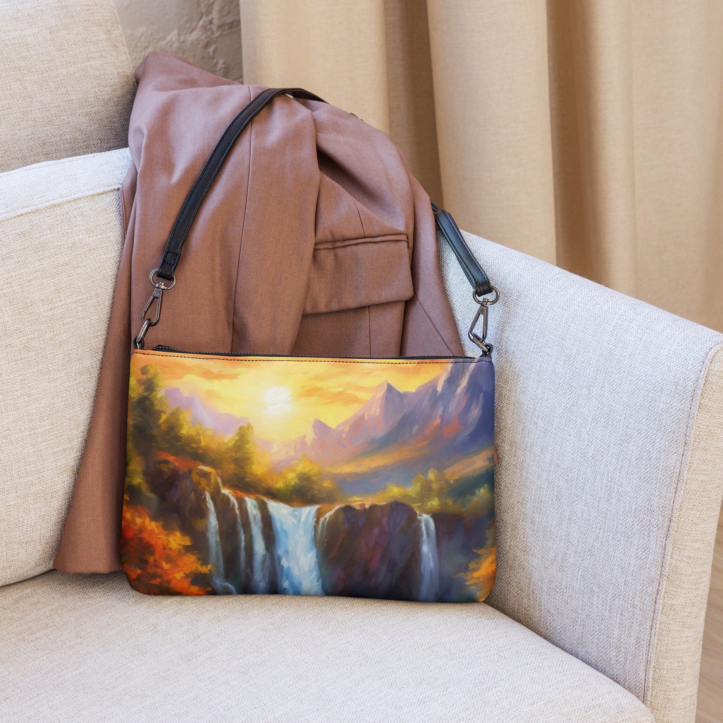 Majestic Mountain Range Crossbody Bag - Colorful Oil Painting of Autumn Sunset With Waterfall & Creek, Stylish And Unique Everyday Accessory